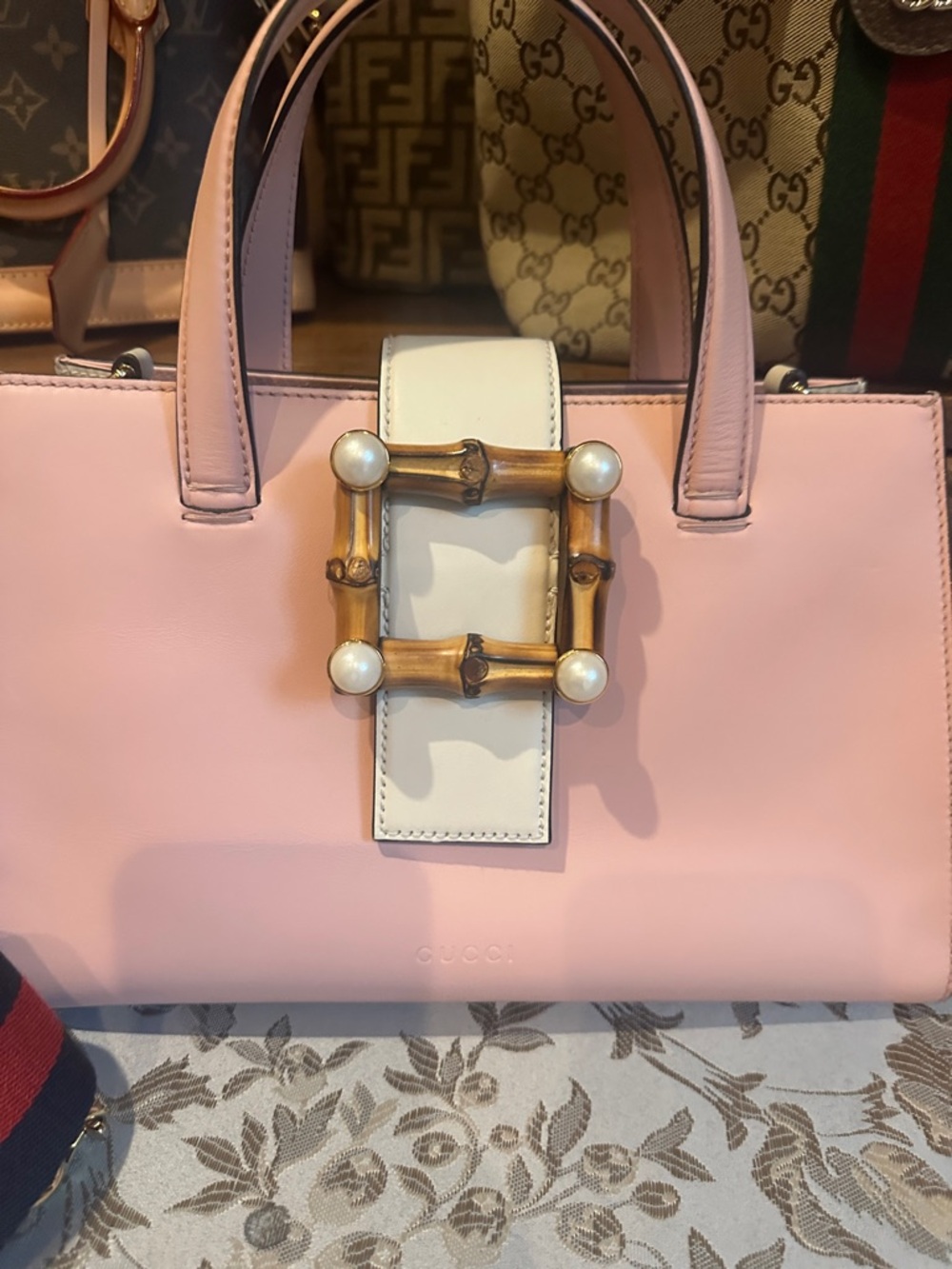 Gucci Pink Leather Top-Handle Satchel with Pearl Bamboo Buckle